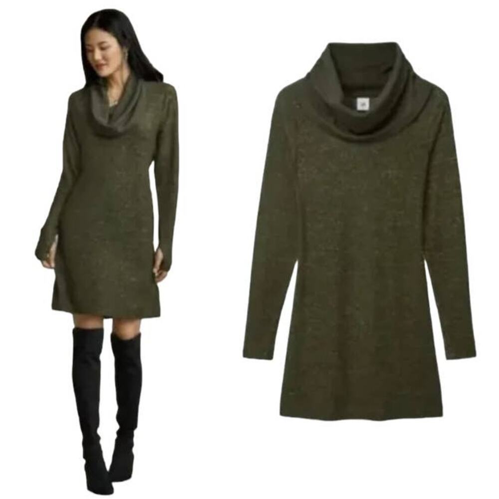 CAbi Solace Mini Knit Super Soft Dress Long Sleeve Cowl Neck Heather Green M
